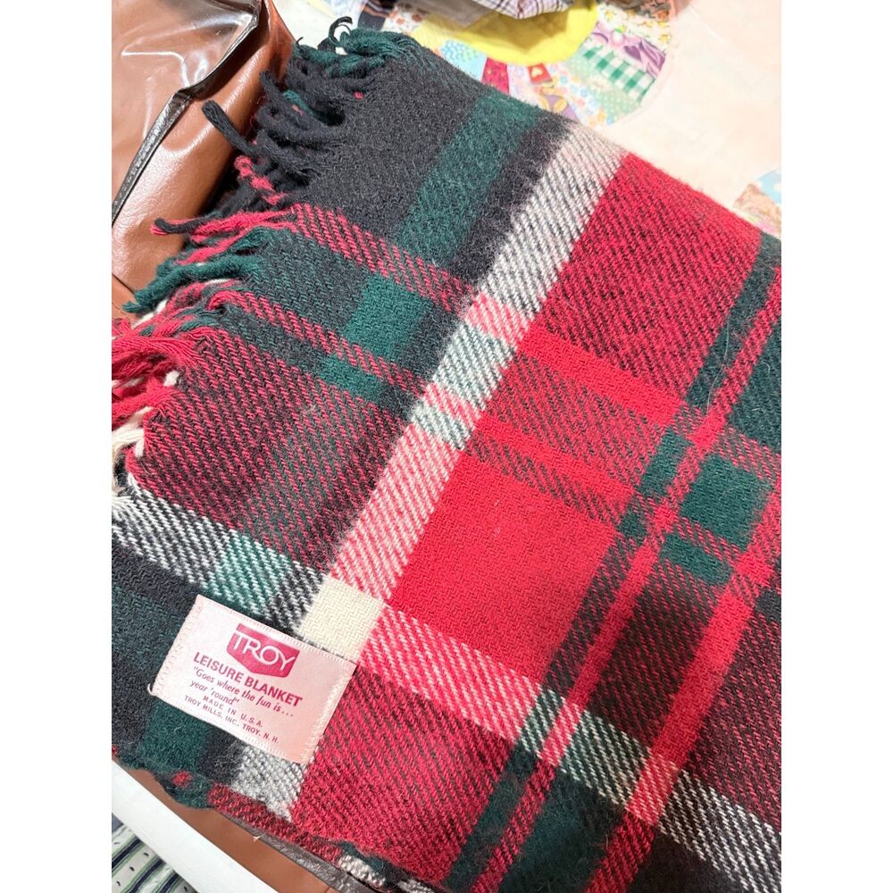 Vintage Troy Mills Wool Leisure Blanket Red Green Tartan Plaid Fringe 50x54 110
